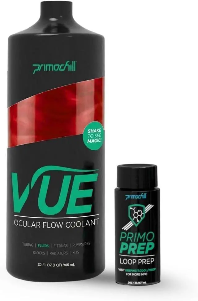 Main image of PrimoChill Vue - Computer WaterCooling Coolant, Visual Flow, Solid/Non-Transparent, Full Protection, PrimoPrep Included, Proudly Made in The USA (32oz/.9L) - Crimson