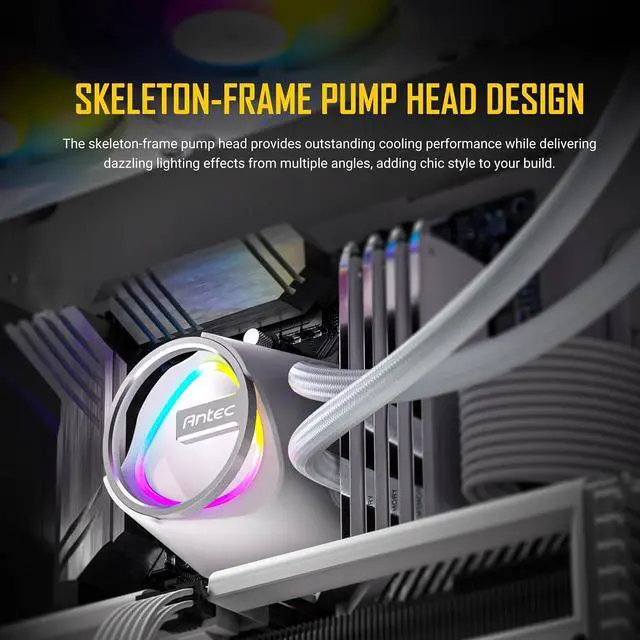 Alt view image 2 of 7 - Antec Skeleton 360 ARGB White Liquid CPU Cooler, 360mm Radiator, High-Performance Pump, 3 x 120mm PWM ARGB Fans, Copper Base, Intel LGA 115X/1200/1700/20XX, AMD AM4/AM5, White