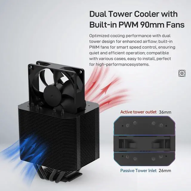 Alt view image 3 of 7 - ALSEYE M90 CPU Cooler, Hidden Fan Designed Dual Tower Air-Cooled CPU Cooler with ARGB Light Effect Cover Compatible with Both Intel and AMD Platform, LGA1700 Supported