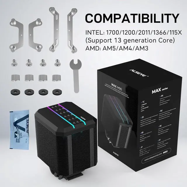 Alt view image 5 of 7 - ALSEYE M90 CPU Cooler, Hidden Fan Designed Dual Tower Air-Cooled CPU Cooler with ARGB Light Effect Cover Compatible with Both Intel and AMD Platform, LGA1700 Supported