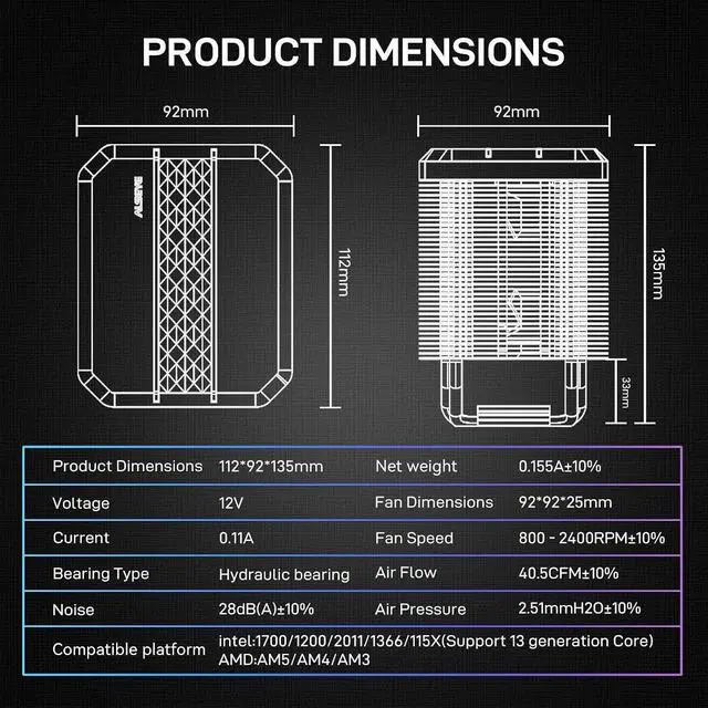 Alt view image 7 of 7 - ALSEYE M90 CPU Cooler, Hidden Fan Designed Dual Tower Air-Cooled CPU Cooler with ARGB Light Effect Cover Compatible with Both Intel and AMD Platform, LGA1700 Supported