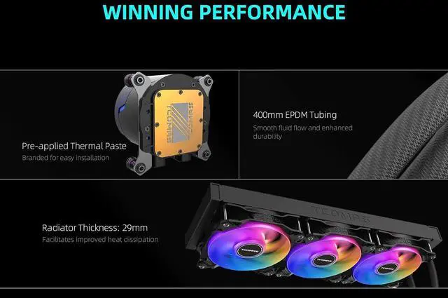 Alt view image 5 of 6 - LE100 Black 360 ARGB Liquid CPU Cooler Sleek AIO Cooling Solution with Dynamic ARGB Pump Head & Fans, Supports Intel LGA 1851/1700 & AMD AM5/AM4
