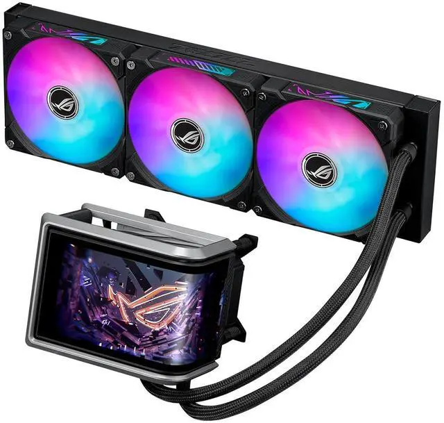 Main image of ASUS ROG RYUO IV 360 ARGB with movable curved 6.67-inch AMOLED display that supports 3D-effect video or customizable system stats, plus Asetek Emma Gen8 V2 pump and pre-mounted daisy-chained ARGB fans