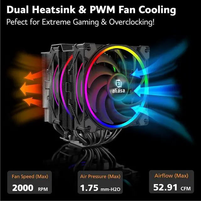 Alt view image 3 of 7 - Akasa SOHO H7, Premium Dual Tower 7-Heatpipe CPU Cooler with Addressable RGB, 250W TDP, 120mm PWM Fan, Supports Intel LGA 1700/1200/115X/20XX AMD AM5/AM4, AK-CC4026HP01