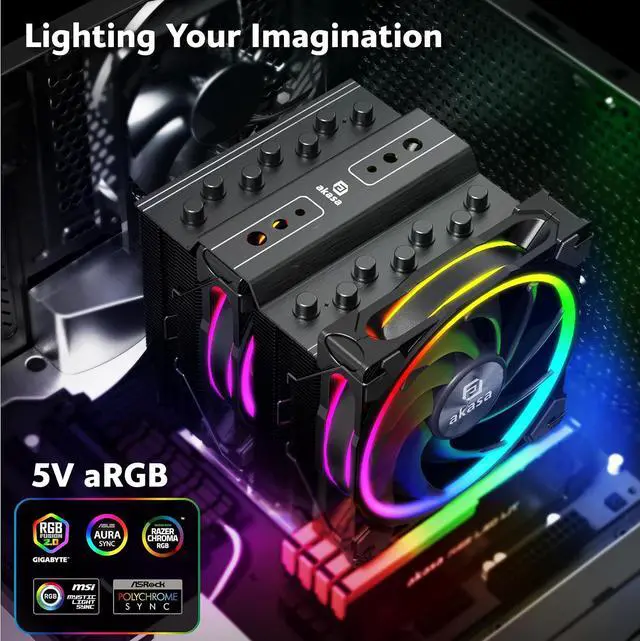 Alt view image 5 of 7 - Akasa SOHO H7, Premium Dual Tower 7-Heatpipe CPU Cooler with Addressable RGB, 250W TDP, 120mm PWM Fan, Supports Intel LGA 1700/1200/115X/20XX AMD AM5/AM4, AK-CC4026HP01