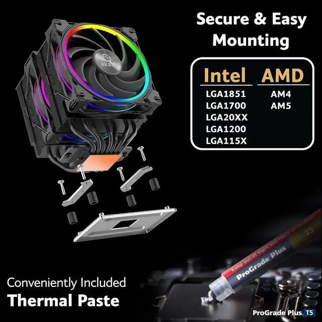 Alt view image 6 of 7 - Akasa SOHO H7, Premium Dual Tower 7-Heatpipe CPU Cooler with Addressable RGB, 250W TDP, 120mm PWM Fan, Supports Intel LGA 1700/1200/115X/20XX AMD AM5/AM4, AK-CC4026HP01
