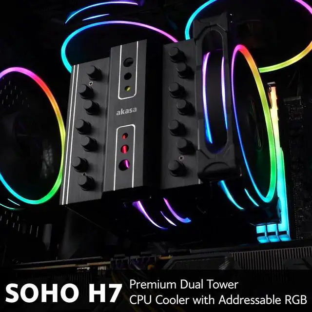 Alt view image 7 of 7 - Akasa SOHO H7, Premium Dual Tower 7-Heatpipe CPU Cooler with Addressable RGB, 250W TDP, 120mm PWM Fan, Supports Intel LGA 1700/1200/115X/20XX AMD AM5/AM4, AK-CC4026HP01