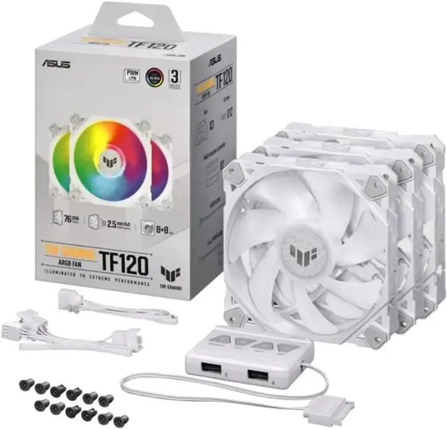 Alt view image 7 of 7 - TUF Gaming TF120 ARGB Case Fan White Edition 3-in-1 with ARGB Controller (Pack of 3, Aura Sync, Quiet Addressable ARGB Fan, PWM Control, White)