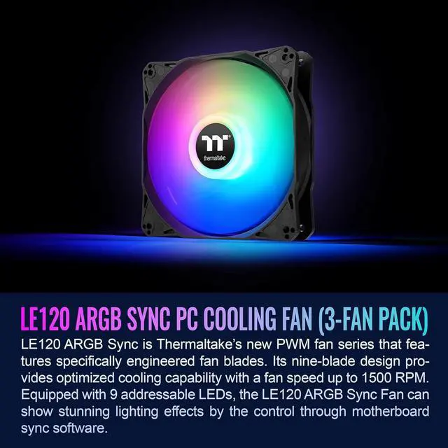 Alt view image 3 of 7 - Thermaltake LE120 ARGB PWM Fan (3 Pack), PWM controlled 500~1500 rpm, 5V Motherboard Sync, 16.8 Million Colors 9 Addressable LEDs, Airflow 66.1 CFM, 120mm Hydraulic Bearing, Case Fan, CL-F204-PL12SW-A