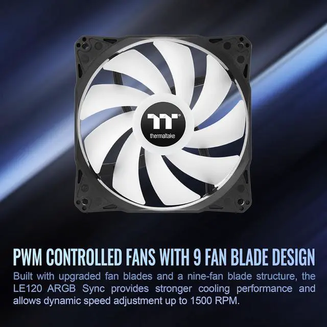Alt view image 6 of 7 - Thermaltake LE120 ARGB PWM Fan (3 Pack), PWM controlled 500~1500 rpm, 5V Motherboard Sync, 16.8 Million Colors 9 Addressable LEDs, Airflow 66.1 CFM, 120mm Hydraulic Bearing, Case Fan, CL-F204-PL12SW-A