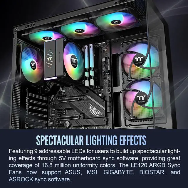 Alt view image 7 of 7 - Thermaltake LE120 ARGB PWM Fan (3 Pack), PWM controlled 500~1500 rpm, 5V Motherboard Sync, 16.8 Million Colors 9 Addressable LEDs, Airflow 66.1 CFM, 120mm Hydraulic Bearing, Case Fan, CL-F204-PL12SW-A