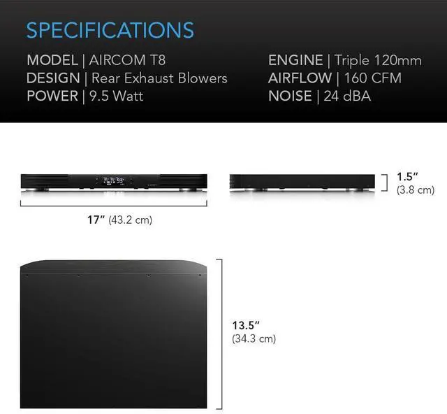 Alt view image 6 of 7 - AC Infinity AIRCOM T8, Quiet Cooling Blower Fan System 17" for Receivers, Amps, DVR, AV Cabinet Components