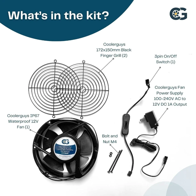 Alt view image 3 of 7 - Coolerguys 7" (172mm x 152mm x 51mm) 12v Waterproof Fan with Power Supply