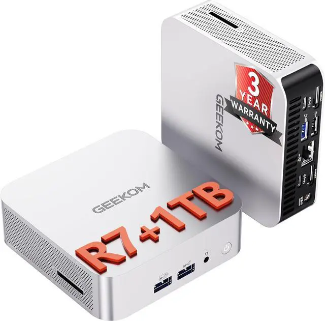 Main image of GEEKOM A8 Mini PC with AMD Ryzen 7 8745HS, 16GB DDR5 RAM (Upgradable), 1TB NVMe SSD, Windows 11 Pro Mini Computer for Office & Creator, Dual USB4, SD Card Slot, 8K, WiFi 6E, 2.5G LAN, 3-Year Warranty