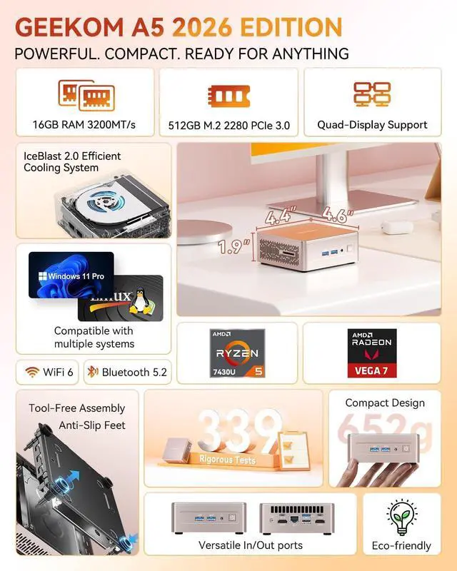 Alt view image 2 of 7 - GEEKOM A5 Mini PC Business Idea Home Server/Light Gaming, AMD Ryzen 7430U, 16GB RAM(Expandable to 64GB), 512GB NVMe SSD, Windows 11 Pro Desktop Computer, Supports Quad Display/4K Video Streaming