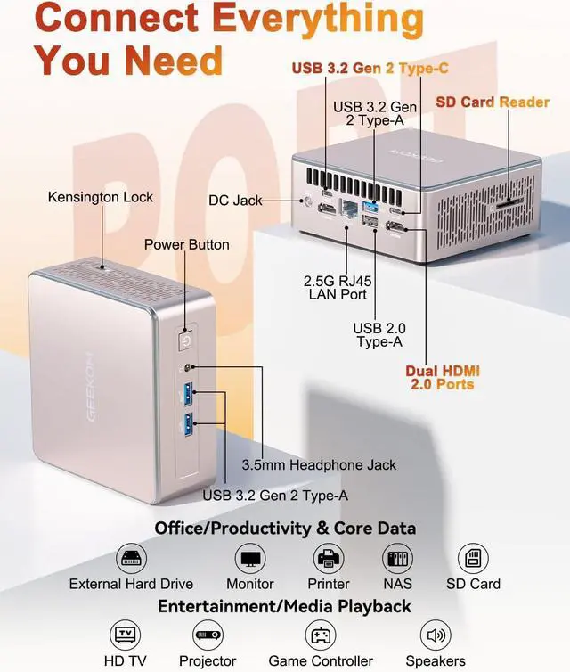 Alt view image 6 of 7 - GEEKOM A5 Mini PC Business Idea Home Server/Light Gaming, AMD Ryzen 7430U, 16GB RAM(Expandable to 64GB), 512GB NVMe SSD, Windows 11 Pro Desktop Computer, Supports Quad Display/4K Video Streaming