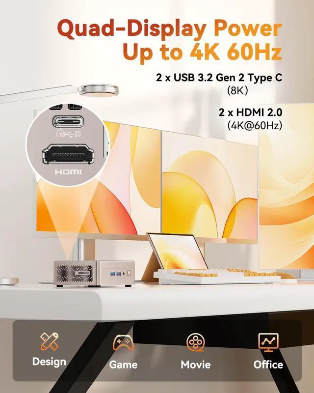 Alt view image 7 of 7 - GEEKOM A5 Mini PC Business Idea Home Server/Light Gaming, AMD Ryzen 7430U, 16GB RAM(Expandable to 64GB), 512GB NVMe SSD, Windows 11 Pro Desktop Computer, Supports Quad Display/4K Video Streaming