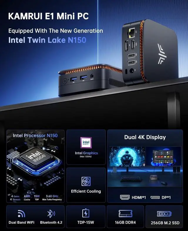 Alt view image 3 of 7 - KAMRUI Essenx Mini PC, E1 N150 Mini Computers (up to 3.6GHz) 16GB RAM 256GB SSD Micro PC, Mini Desktop PC Support 4K HDMI, Dual WiFi, BT4.2 for Business Home Office