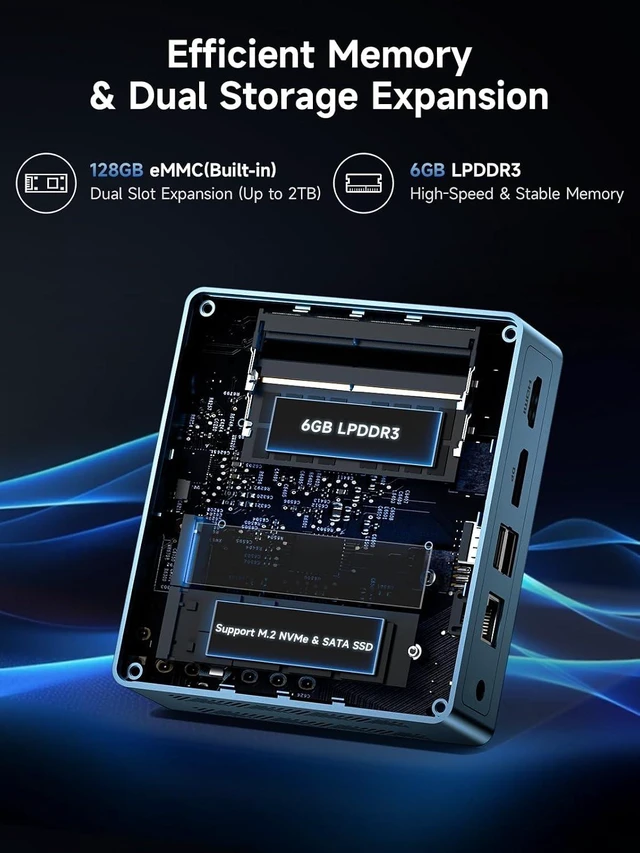 Alt view image 4 of 7 - B1 Plus Mini PC Celeron J3355 (Up to 2.5GHz), 6GB RAM, 128GB eMMC, M.2 SSD Expansion (512GB/2TB), 4K Dual Display, 2.4G/5G WiFi, BT5.0 for Home/Office
