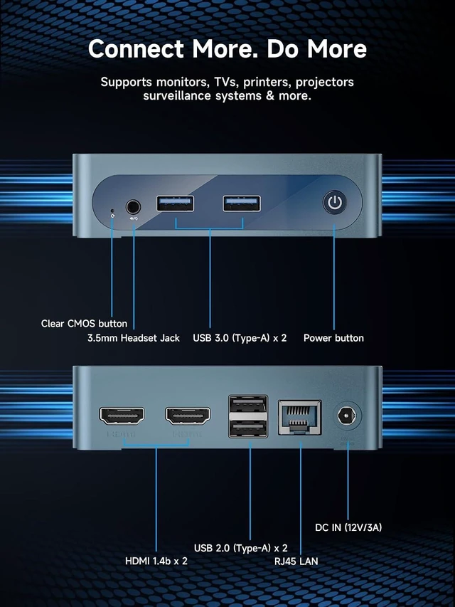 Alt view image 5 of 7 - B1 Plus Mini PC Celeron J3355 (Up to 2.5GHz), 6GB RAM, 128GB eMMC, M.2 SSD Expansion (512GB/2TB), 4K Dual Display, 2.4G/5G WiFi, BT5.0 for Home/Office