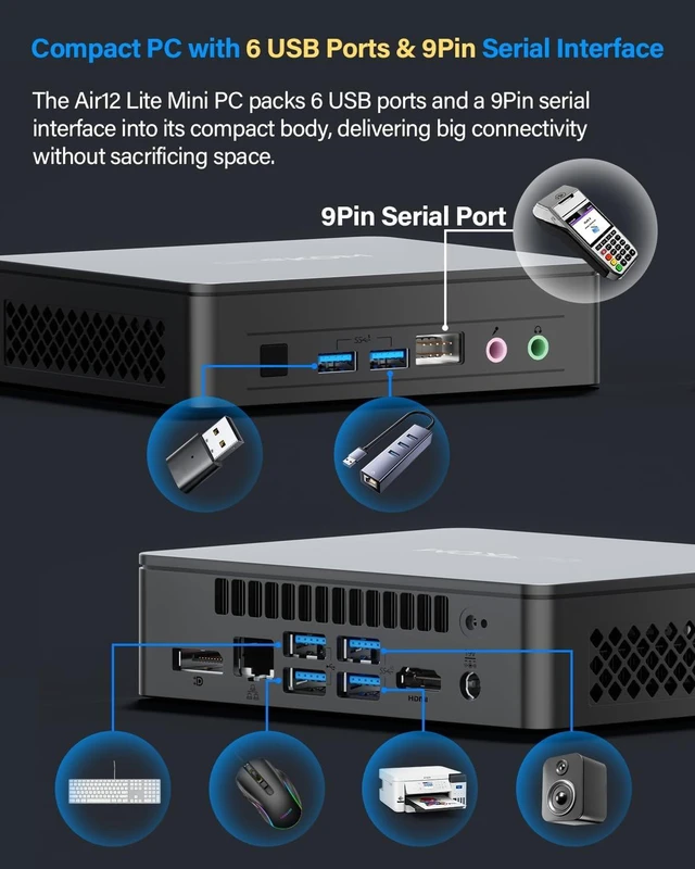 Alt view image 5 of 7 - GEEKOM Air12 Lite Quiet AI Office Mini PC with Intel N95|8GB RAM+256GB SSD