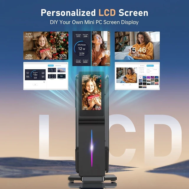 Alt view image 2 of 5 - ACEMAGIC N100 S1 Mini PC Computer with DIY LCD Screen, 16GB DDR4 512GB M.2 SSD Mini Tower PC, WiFi 6/BT 4.2/4K UHD/Dual LAN Black