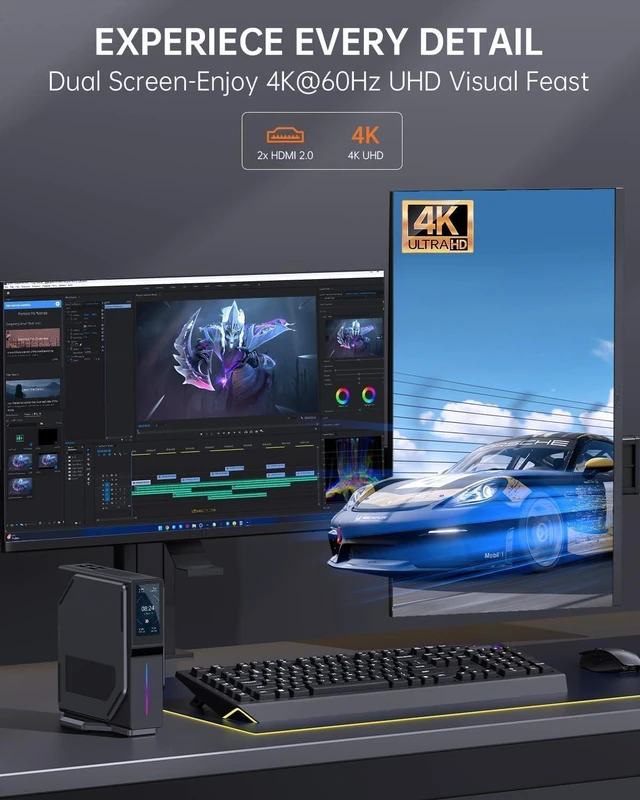 Alt view image 4 of 5 - ACEMAGIC N100 S1 Mini PC Computer with DIY LCD Screen, 16GB DDR4 512GB M.2 SSD Mini Tower PC, WiFi 6/BT 4.2/4K UHD/Dual LAN Black