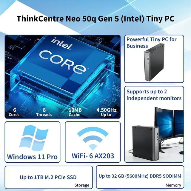 Alt view image 2 of 7 - Lenovo ThinKCentre Neo Business Mini Desktop, Intel Core i3-1315U, 8GB DDR5, 512GB SSD, Windows 11 Pro