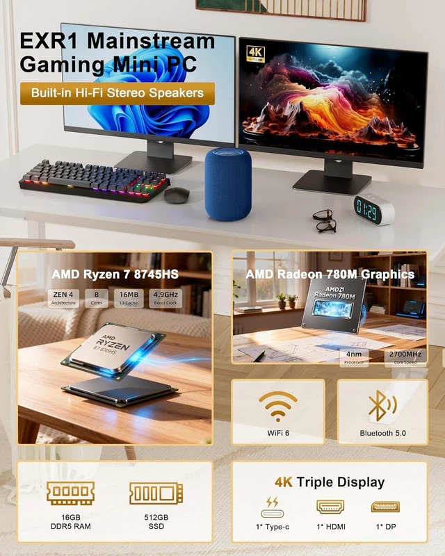 Alt view image 2 of 7 - Mini PC AMD Ryzen 7 8745HS (8C/16T), Gaming Computer Built in Hi-Fi Speaker