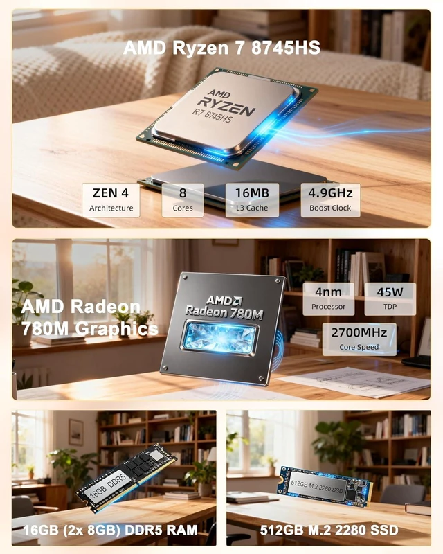Alt view image 4 of 7 - Mini PC AMD Ryzen 7 8745HS (8C/16T), Gaming Computer Built in Hi-Fi Speaker