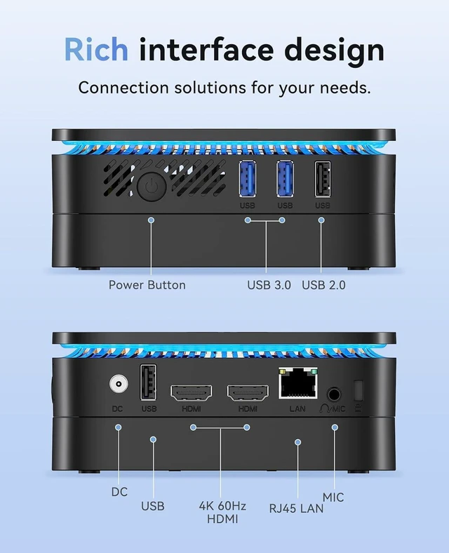 Alt view image 6 of 7 - KAMRUI AK1PLUS Mini Computer, 12GB LPDDR5 256GB M.2 SSD, Intel Processor N100 (Up to 3.4GHz), Mini Desktop Computer Support 4K Dual Display, WiFi 5, BT 4.2, Gigabit Ethernet, Business Office PC