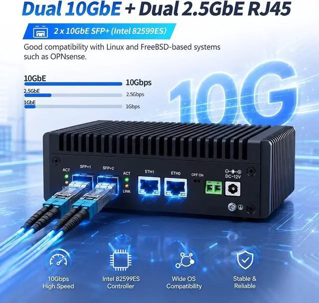 Alt view image 4 of 7 - N150 Mini PC 10gbe Firewall Appliance Fanless 8GB RAM 128GB SSD | AES-NI, 2 x 10gbe SFP+, 2 x i226V 2.5gbe LAN, Micro Router Computer Hardware Home Lable, USB C, TF Card Slot, OPNsense