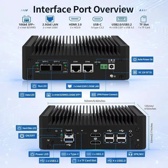 Alt view image 5 of 7 - N150 Mini PC 10gbe Firewall Appliance Fanless 8GB RAM 128GB SSD | AES-NI, 2 x 10gbe SFP+, 2 x i226V 2.5gbe LAN, Micro Router Computer Hardware Home Lable, USB C, TF Card Slot, OPNsense