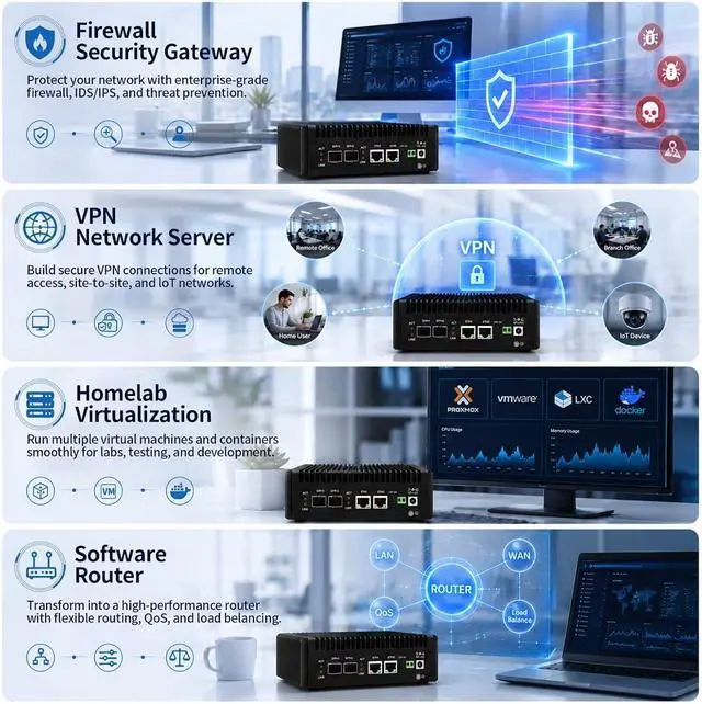 Alt view image 7 of 7 - N150 Mini PC 10gbe Firewall Appliance Fanless 8GB RAM 128GB SSD | AES-NI, 2 x 10gbe SFP+, 2 x i226V 2.5gbe LAN, Micro Router Computer Hardware Home Lable, USB C, TF Card Slot, OPNsense