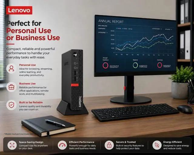 Alt view image 7 of 7 - Lenovo ThinkCentre Mini Desktop Computer with AMD Processor & Graphics, 16GB DDR4 RAM, 256GB SSD, Windows 11, Wi-Fi, Bluetooth, 2X DisplayPort, RJ-45 Port, USB, for Daily Work, Wired Keyboard & Mouse
