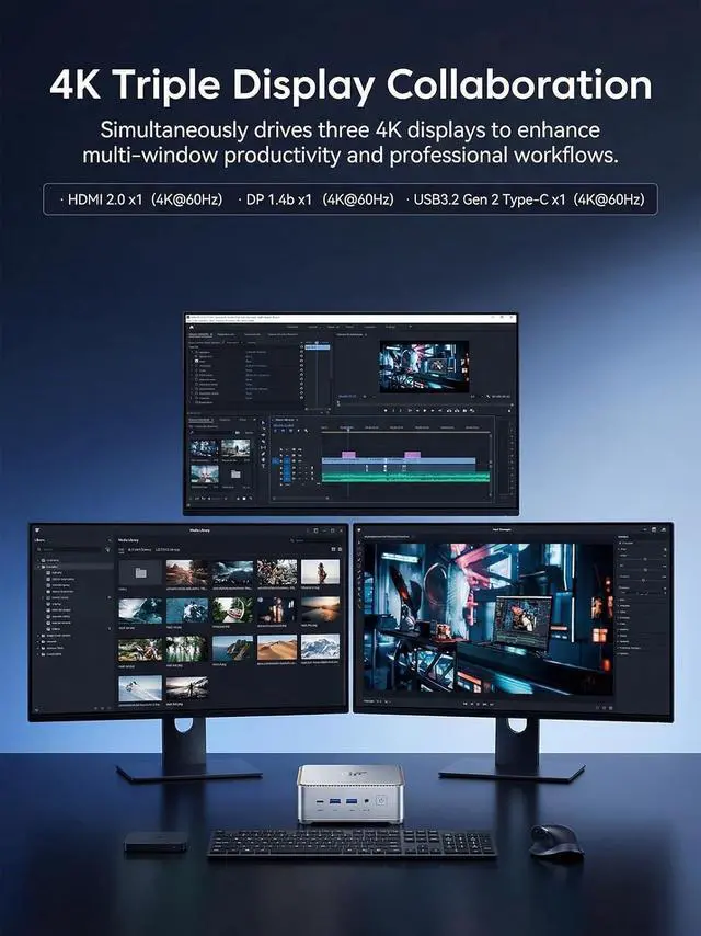 Alt view image 5 of 7 - KAMRUI Hyper H2 Mini PC Windows 11 pro, Intel Core 14450HX Mini Computers (10C/16T, 4.8GHz), 32GB RAM 1TB PCle4.0 SSD Micro Desktop PC, Triple 4K Display, USB-C, WiFi6, BT5.2, Business Office Home