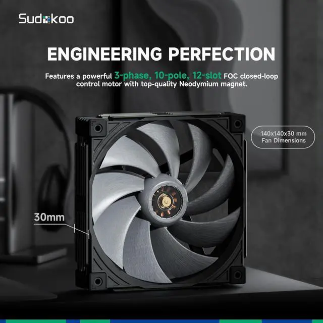 Alt view image 3 of 7 - Sudokoo MACH140 140mm Case Fan: PWM Quiet PC Fans with FOC Motor - 4 Pin LCP High Performance Computer Cooling Fan with 500-2200 RPM