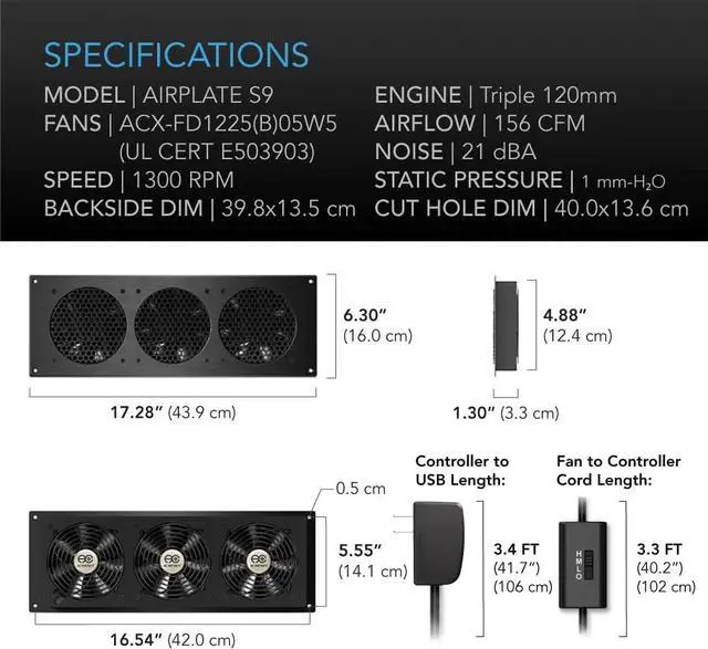 Alt view image 6 of 7 - AC Infinity AIRPLATE S9, Quiet Cooling Fan System 18" with Speed Control, for Home Theater AV Cabinet Cooling
