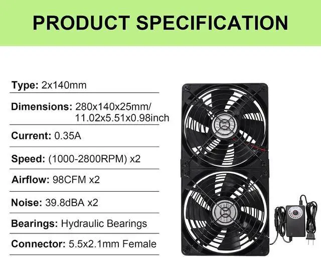 Alt view image 2 of 7 - 2x140mm 280mm 11.02inch Upgraded Computer PC Vent Cooling Fans with Magnetic Screws Kits and Adjustable Speed for Cabinet Server Mining Rig Chicken Coop