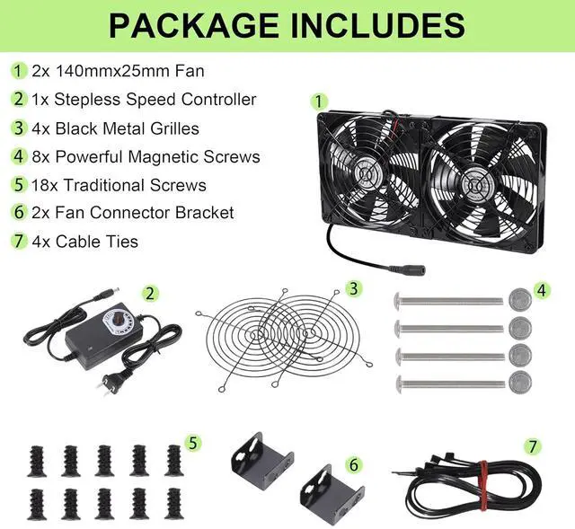 Alt view image 4 of 7 - 2x140mm 280mm 11.02inch Upgraded Computer PC Vent Cooling Fans with Magnetic Screws Kits and Adjustable Speed for Cabinet Server Mining Rig Chicken Coop