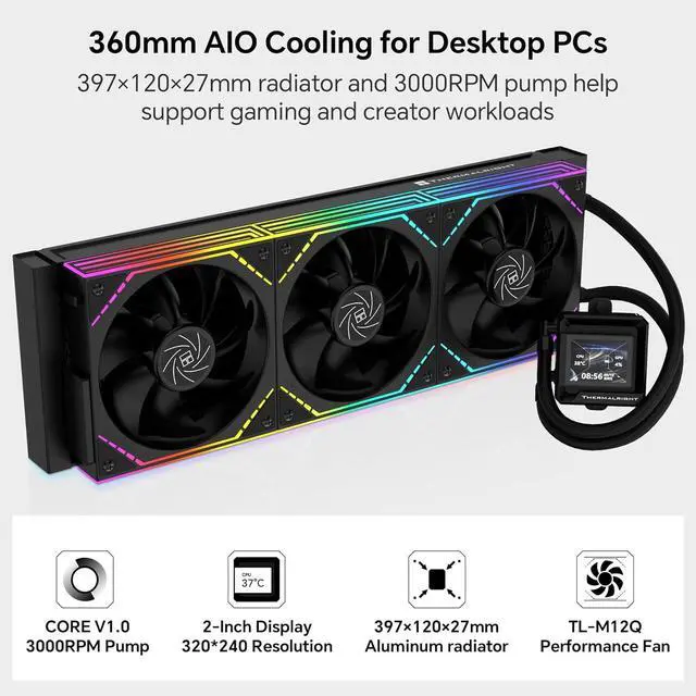 Alt view image 5 of 7 - TR FW360 SE ARGB V2 360mm AIO CPU Liquid Cooler for Desktop - TL-M12Q 2000RPM Daisy-Chain Fans, 2" Rotatable LCD Display Screen, for AM4/AM5 & Intel 1700/1851/115X/1200(Black)