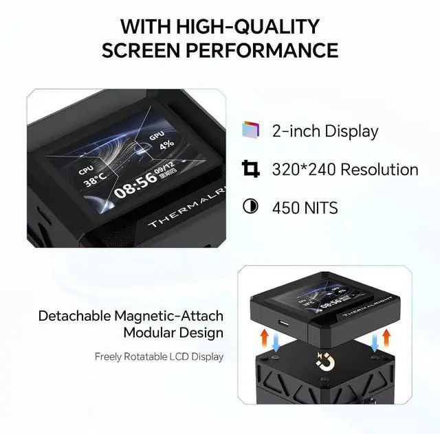 Alt view image 2 of 7 - TR FW360 SE ARGB V2 360mm AIO CPU Liquid Cooler for Desktop - TL-M12Q 2000RPM Daisy-Chain Fans, 2" Rotatable LCD Display Screen, for AM4/AM5 & Intel 1700/1851/115X/1200(Black)