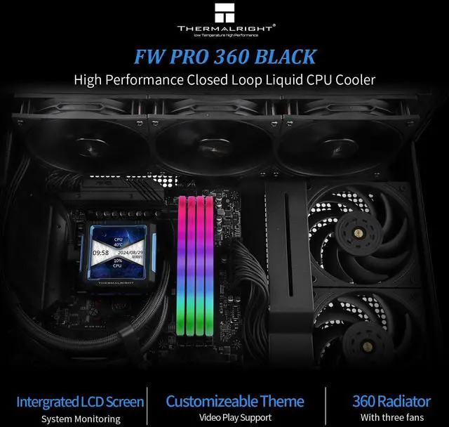 Alt view image 2 of 6 - FW PRO 360 Black CPU AIO Cooler,IPS LCD Screen with 320 * 320 Resolution,for AM5&Intel 1700/1851,High-Performance 360 Specs Water-Cooled Radiator with 2.73in Removable Display