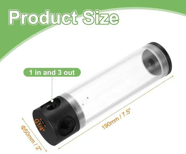 Alt view image 2 of 6 - MECCANIXITY Water Cooling Tank G1/4 Thread 50mm x 190mm Cylinder Heat Exchanger Water Cooling Reservoir Radiator Kit 1 in 3 Out for PC Computer CPU