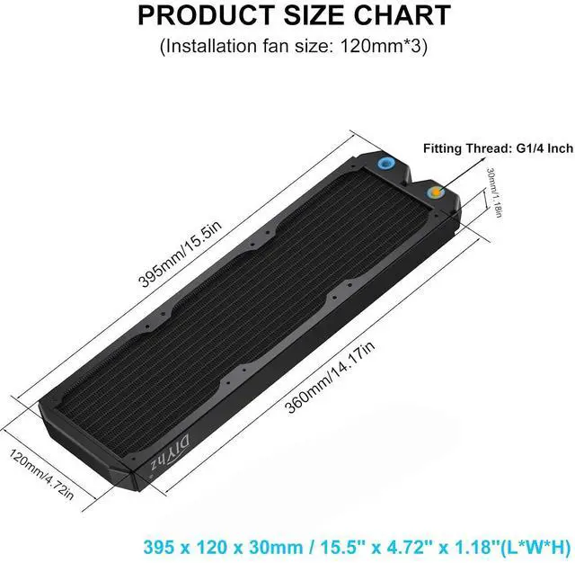 Alt view image 2 of 6 - 12 Pipe Thick Copper Heat Exchanger Liquid Cooling Radiator G1/4 Thread Heat Row Sink 360mm for CPU PC Laser Water Cool System DC12V Black