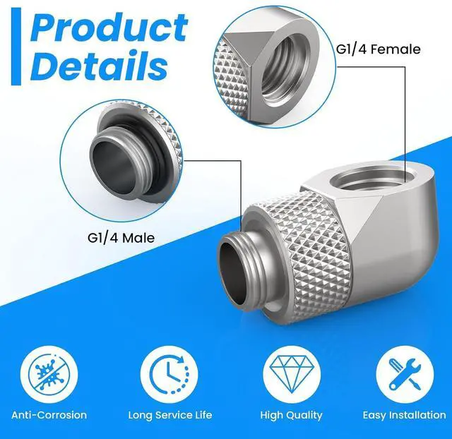 Alt view image 3 of 7 - SDTC Tech 4-Pack G1/4" Male to Female Extender Connector 90° Rotary Elbow Enhance Multi-Link Adapter Fitting for PC Water Cooling System, Silver