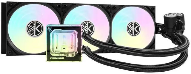 Main image of KINGCOOL Pure Flow 360-360 mm AIO CPU Liquid Cooler ARGB Black, Enhanced 4500RPM Transparent Water Pump, 3X 120mm ARGB PWM Fan, 27mm Radiator, Compatible with LGA 1851/1700, AMD AM5/AM4