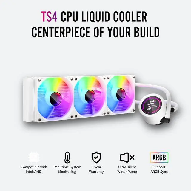 Alt view image 2 of 7 - 1ST PLAYER TS4 360mm ARGB White AIO CPU Cooler-Water Liquid Cooling System,Digital Display Screen|ARGB Light|300W TDP|PWM 3000RPM for AMD AM4/AM5,Intel LGA 115X/1200/1700/1851 (360mm White)