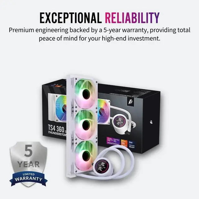 Alt view image 7 of 7 - 1ST PLAYER TS4 360mm ARGB White AIO CPU Cooler-Water Liquid Cooling System,Digital Display Screen|ARGB Light|300W TDP|PWM 3000RPM for AMD AM4/AM5,Intel LGA 115X/1200/1700/1851 (360mm White)