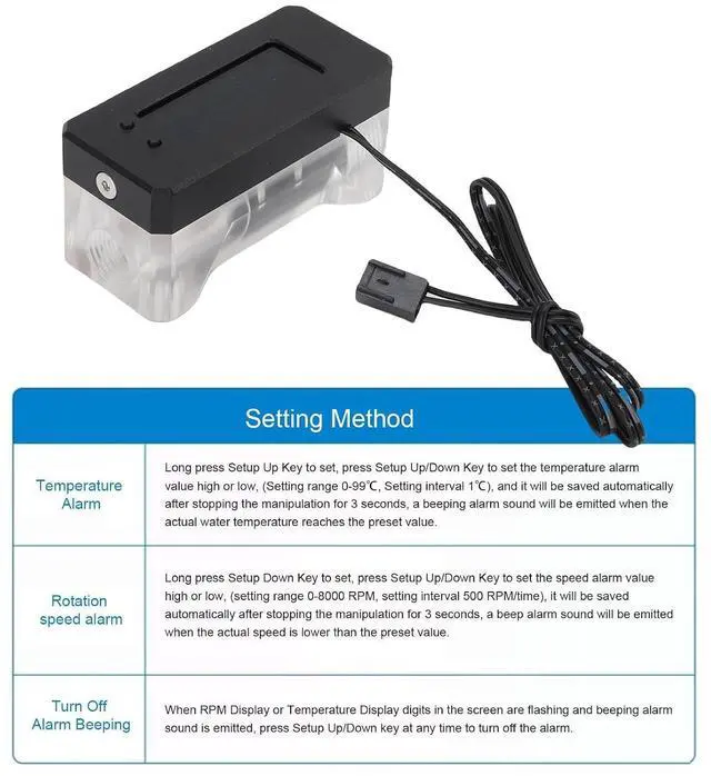 Alt view image 5 of 7 - Digital Meter Alarm for Water Cooling System, RPM Temperature Detect with Water Cooling Pump Alarm, for Gasoline, Kerosene, Engine Oil